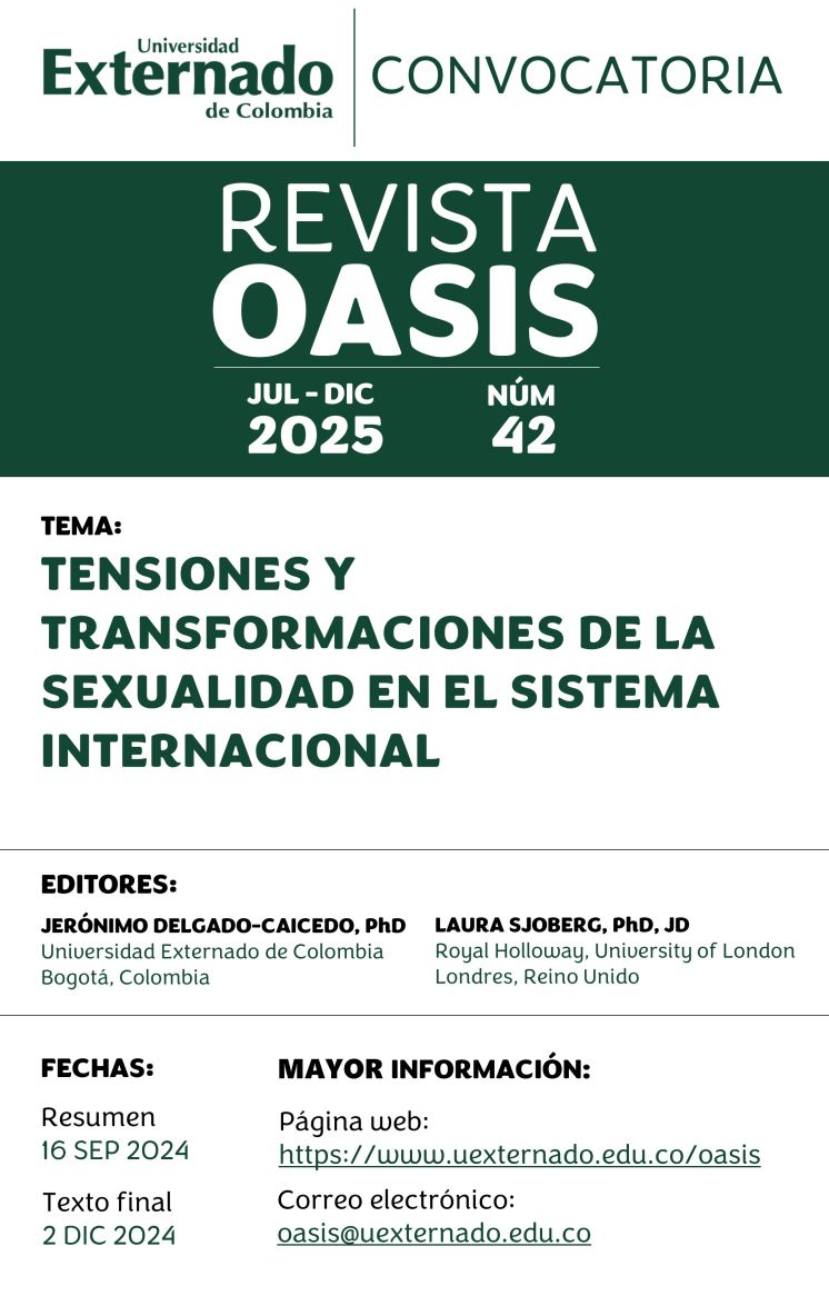 Call for papers - Revista OASIS Universidad Externado - Número 42 "Tensiones y transformaciones de la sexualidad en el Sistema Internacional"