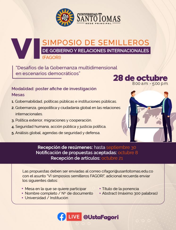 Convocatoria VI Simposio de Semilleros de Gobierno y Relaciones Internacionales - FAGORI - Universidad Santo Tomás