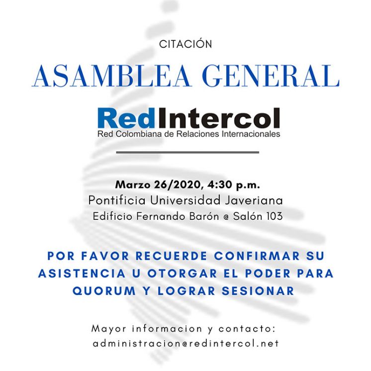CITACIÓN Asamblea General REDINTERCOL - Jueves 26/03/20